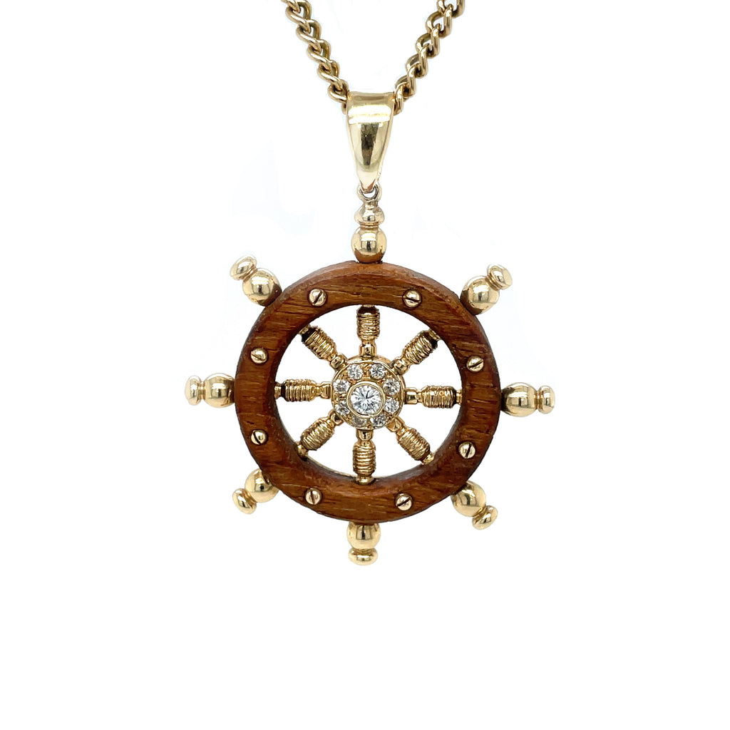 14ct Yellow Gold Wood & Diamond Ship Wheel Pendant