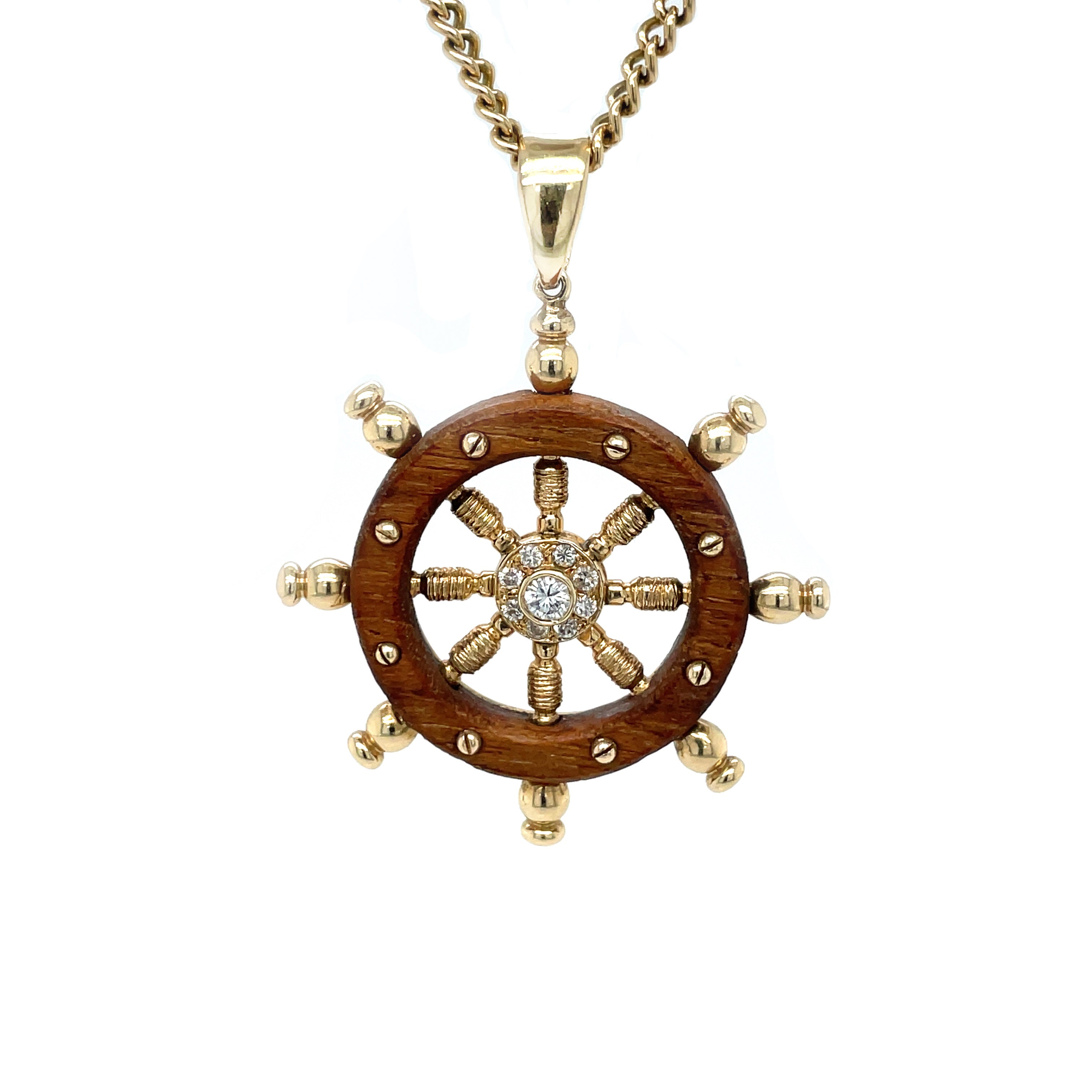 14ct Yellow Gold Wood & Diamond Ship Wheel Pendant