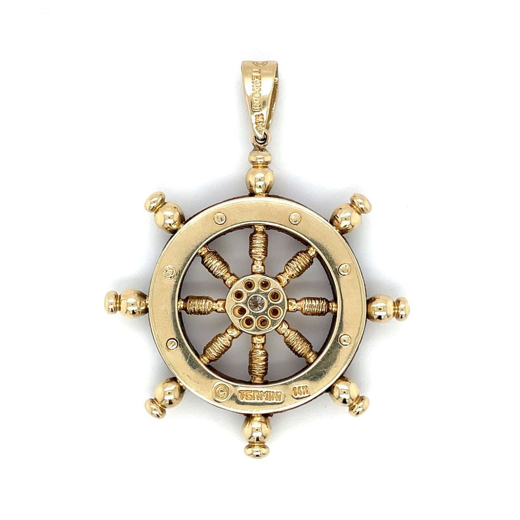 14ct Yellow Gold Wood & Diamond Ship Wheel Pendant