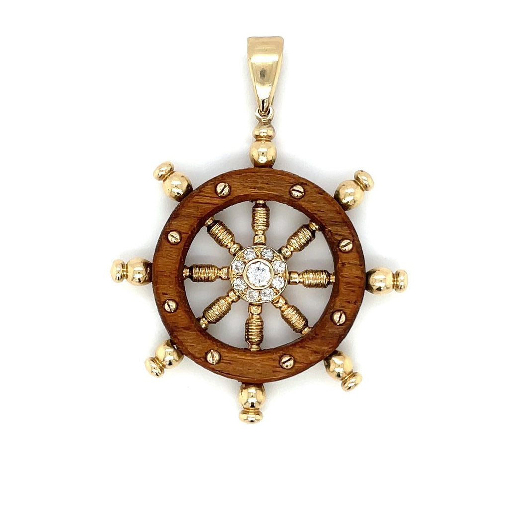14ct Yellow Gold Wood & Diamond Ship Wheel Pendant
