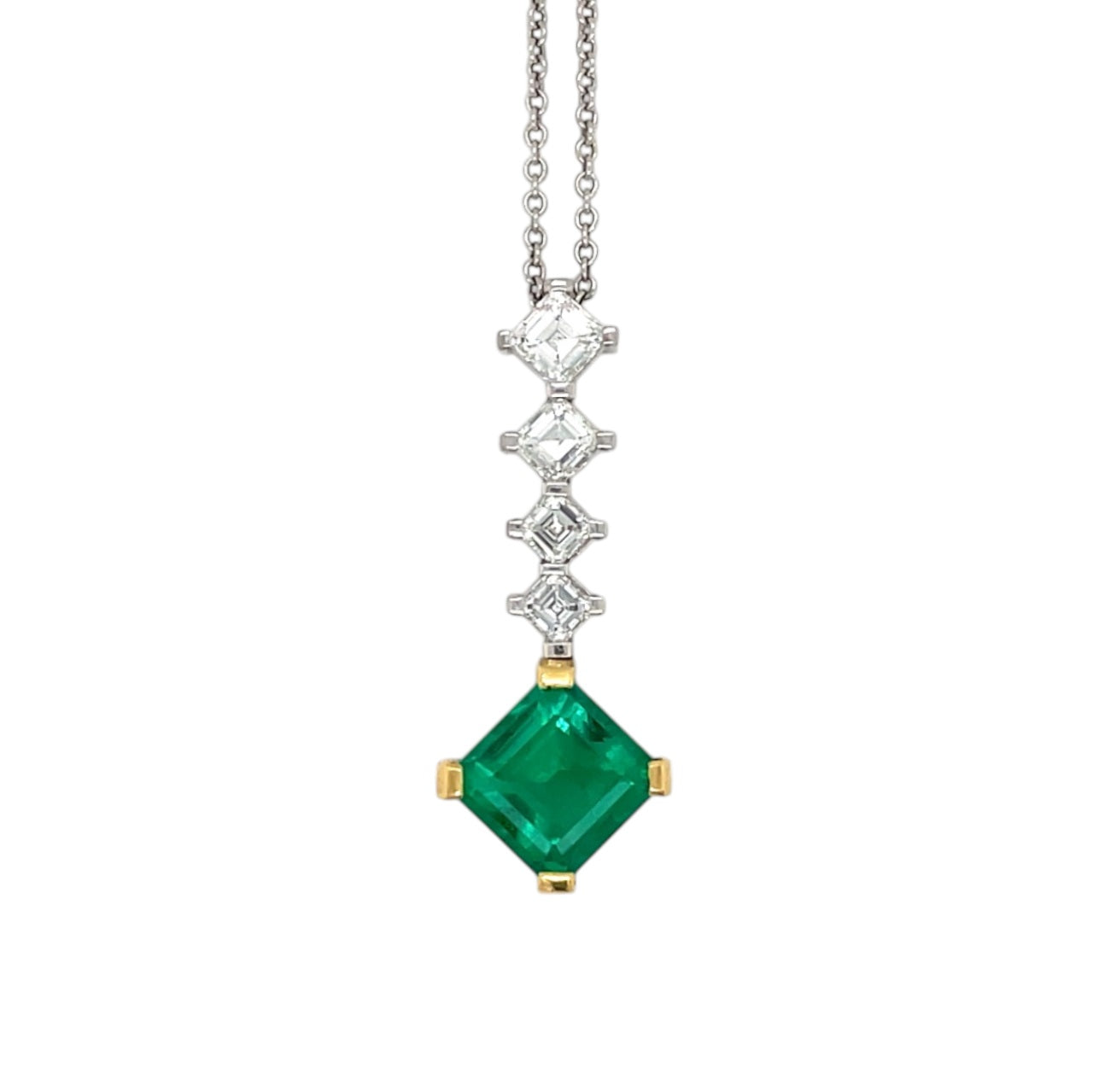 18ct White & Yellow Gold Emerald & Diamond Pendant & Chain (18")