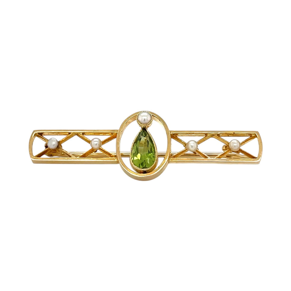 15ct Yellow gold Peridot & Pearl Brooch