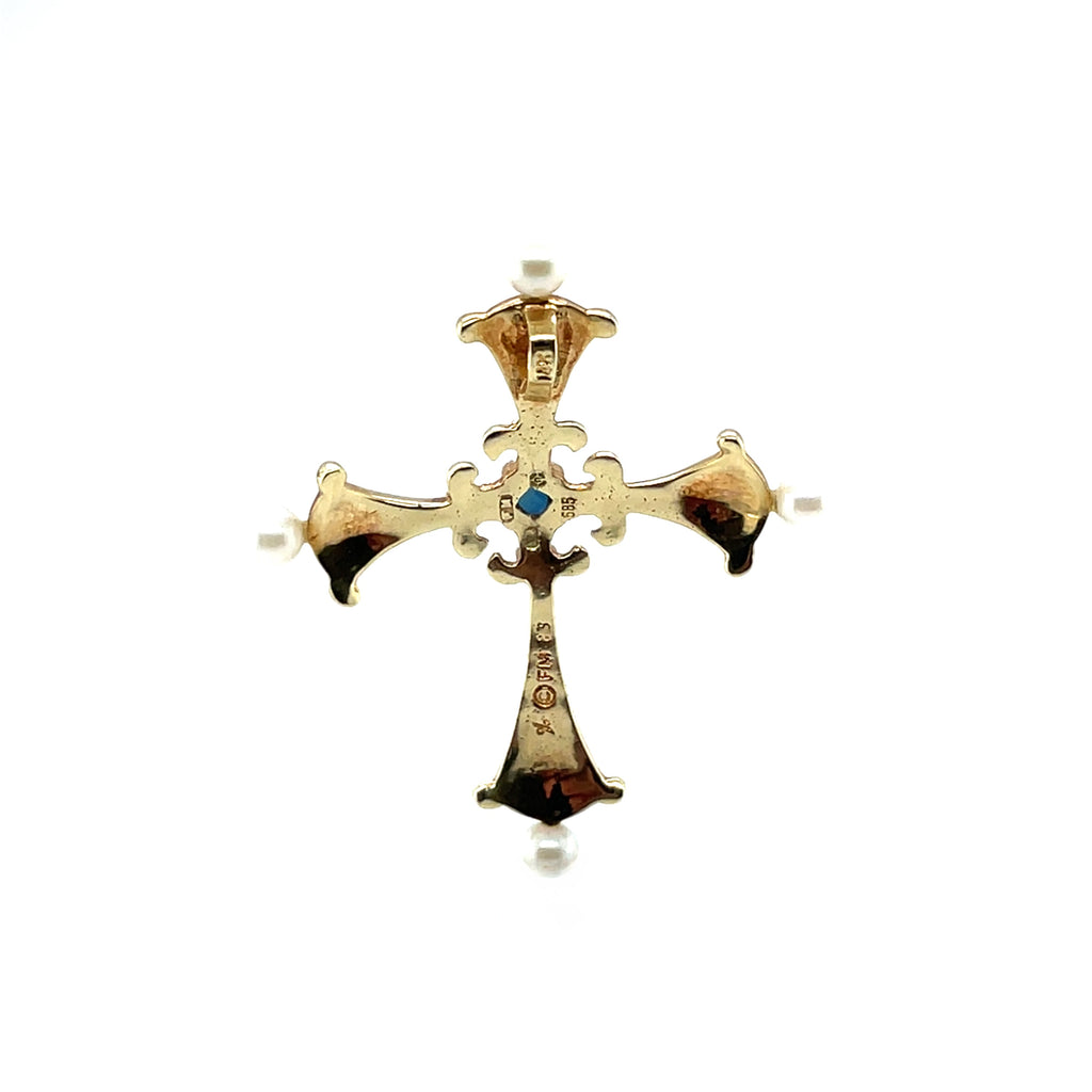 14ct Yellow Gold Cross Pendant with Pearls, Diamonds & a Sapphire