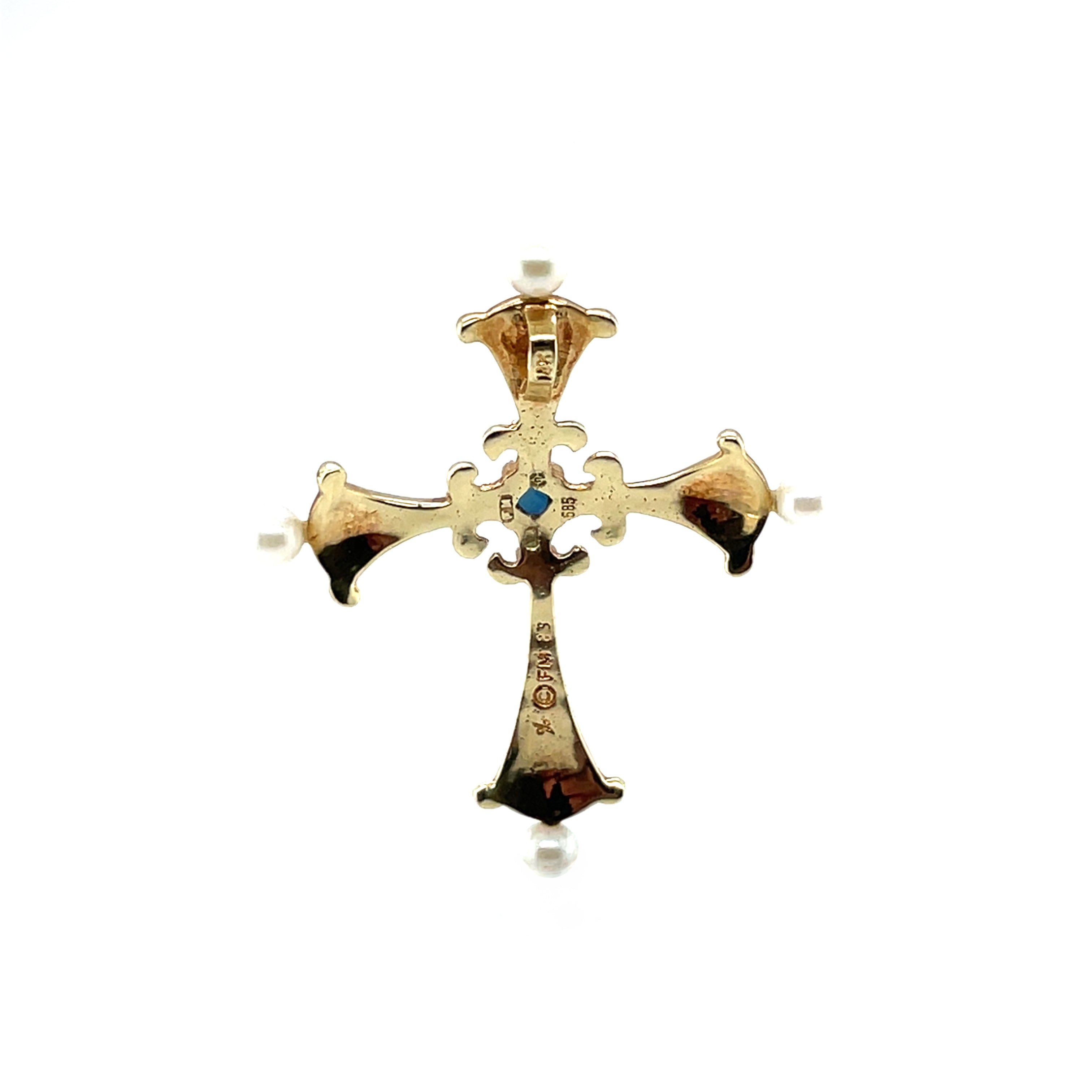 14ct Yellow Gold Cross Pendant with Pearls, Diamonds & a Sapphire