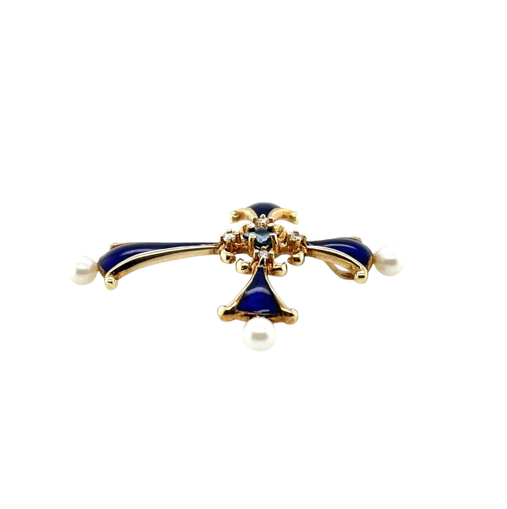 14ct Yellow Gold Cross Pendant with Pearls, Diamonds & a Sapphire