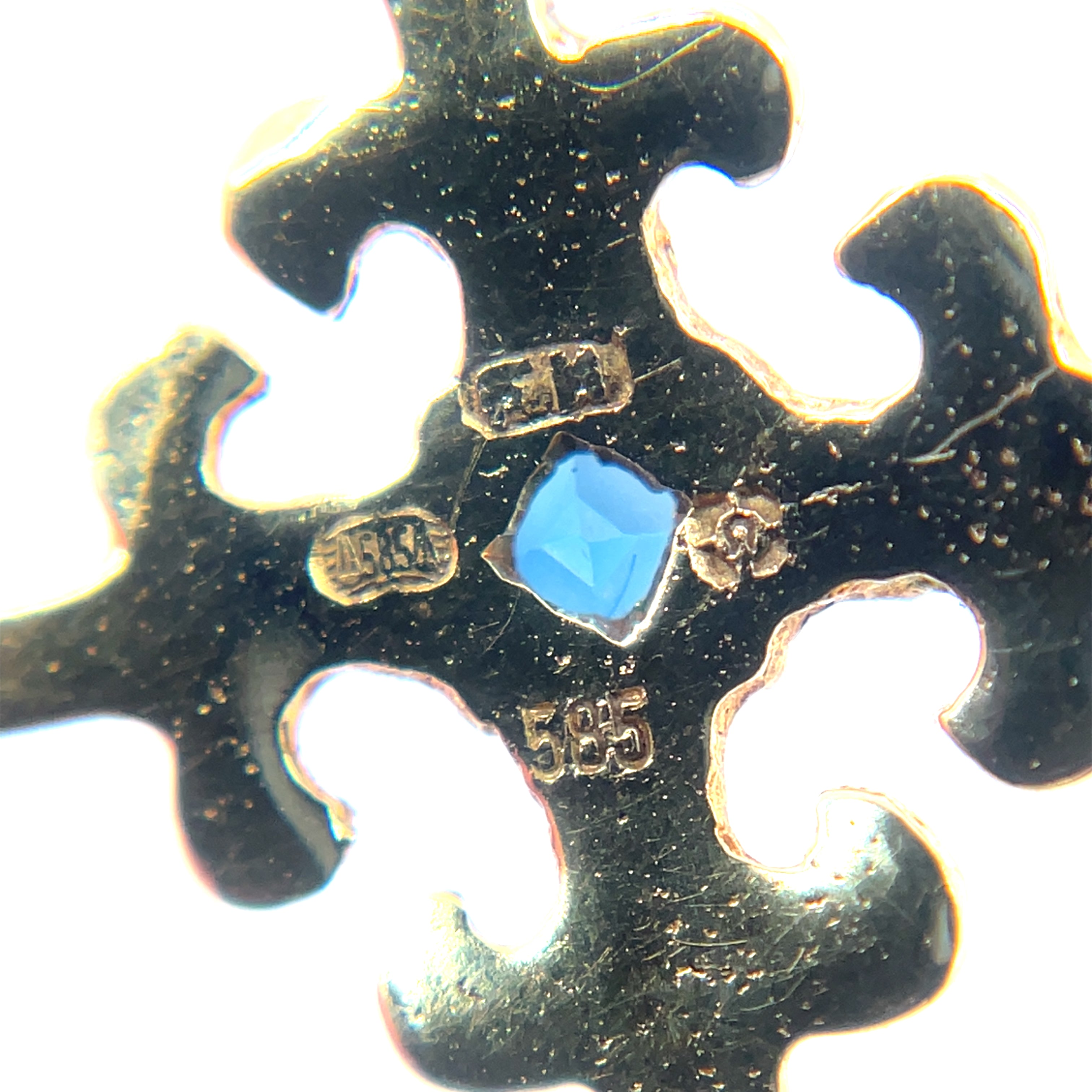 14ct Yellow Gold Cross Pendant with Pearls, Diamonds & a Sapphire