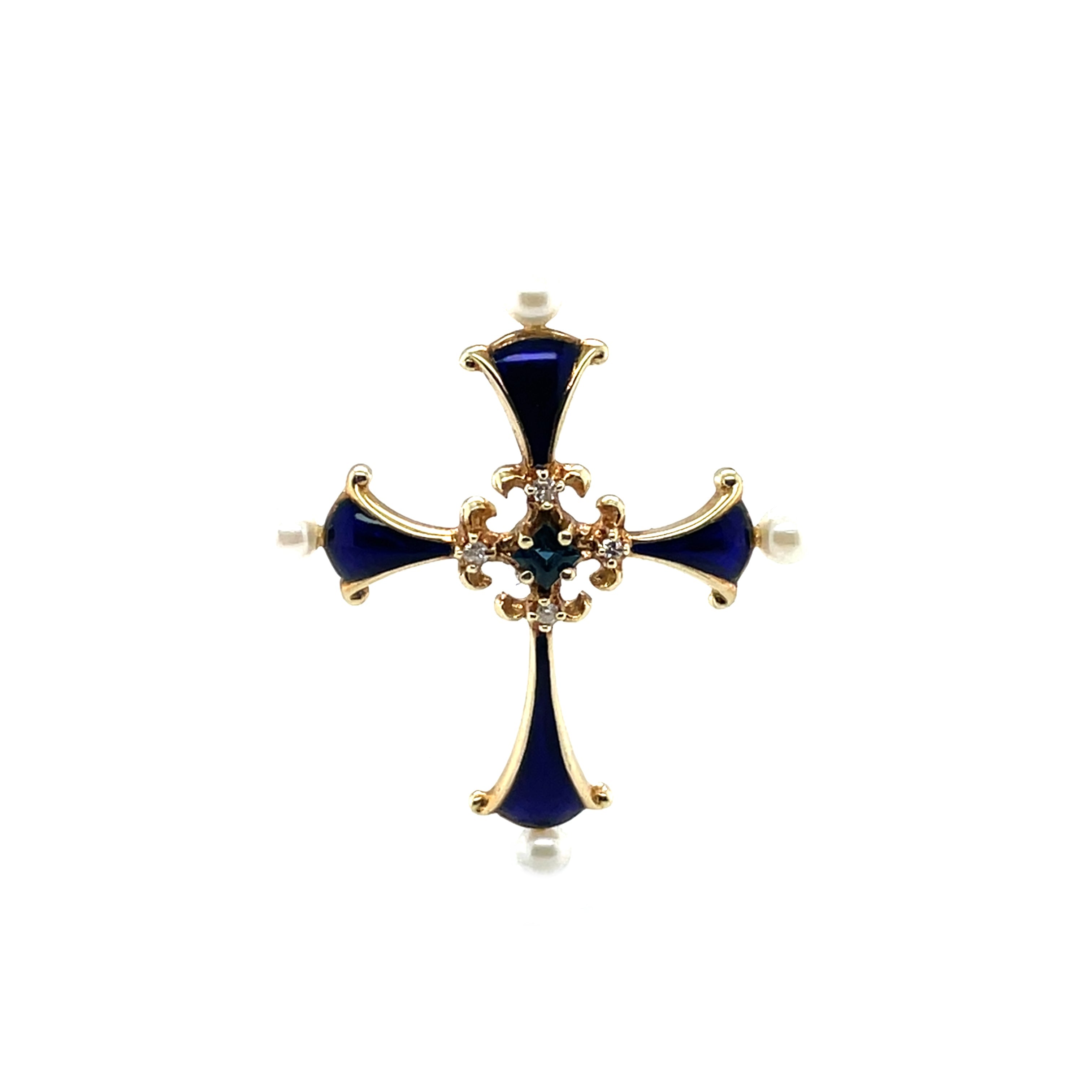 14ct Yellow Gold Cross Pendant with Pearls, Diamonds & a Sapphire