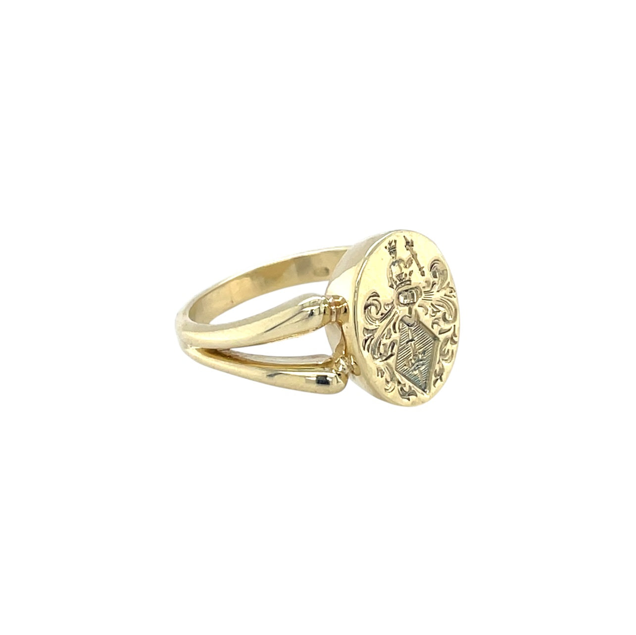 14ct Yellow Gold Split Shank Coat of Arms Signet Ring (R)