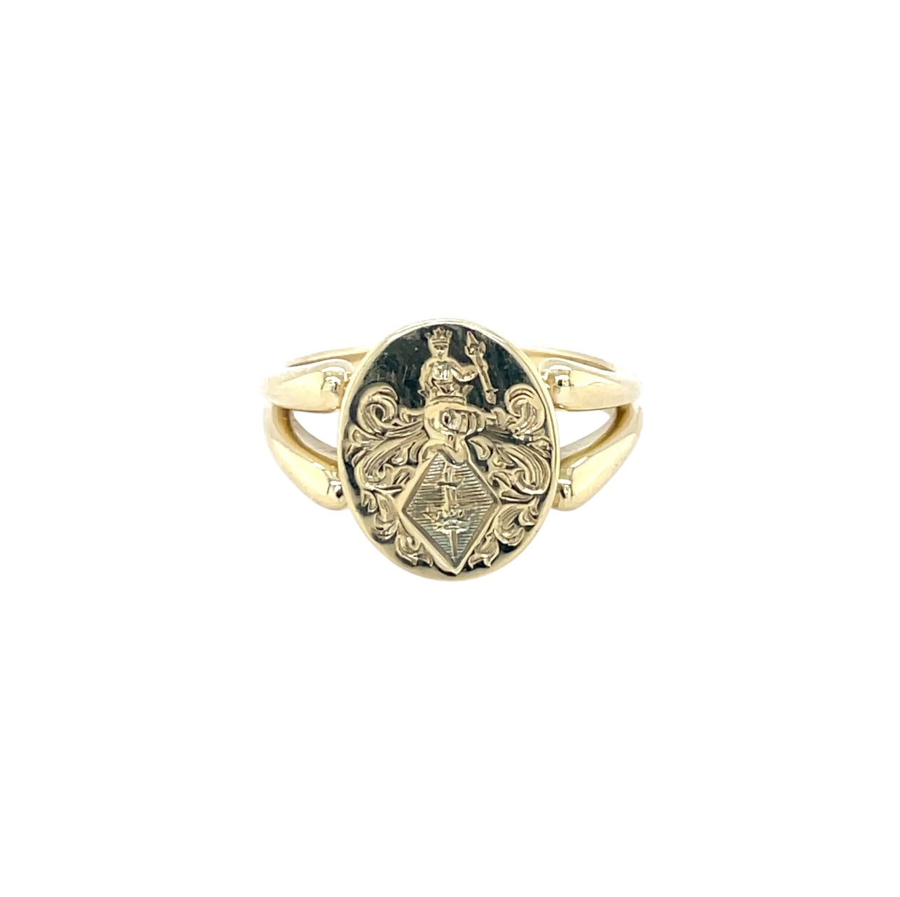 14ct Yellow Gold Split Shank Coat of Arms Signet Ring (R)