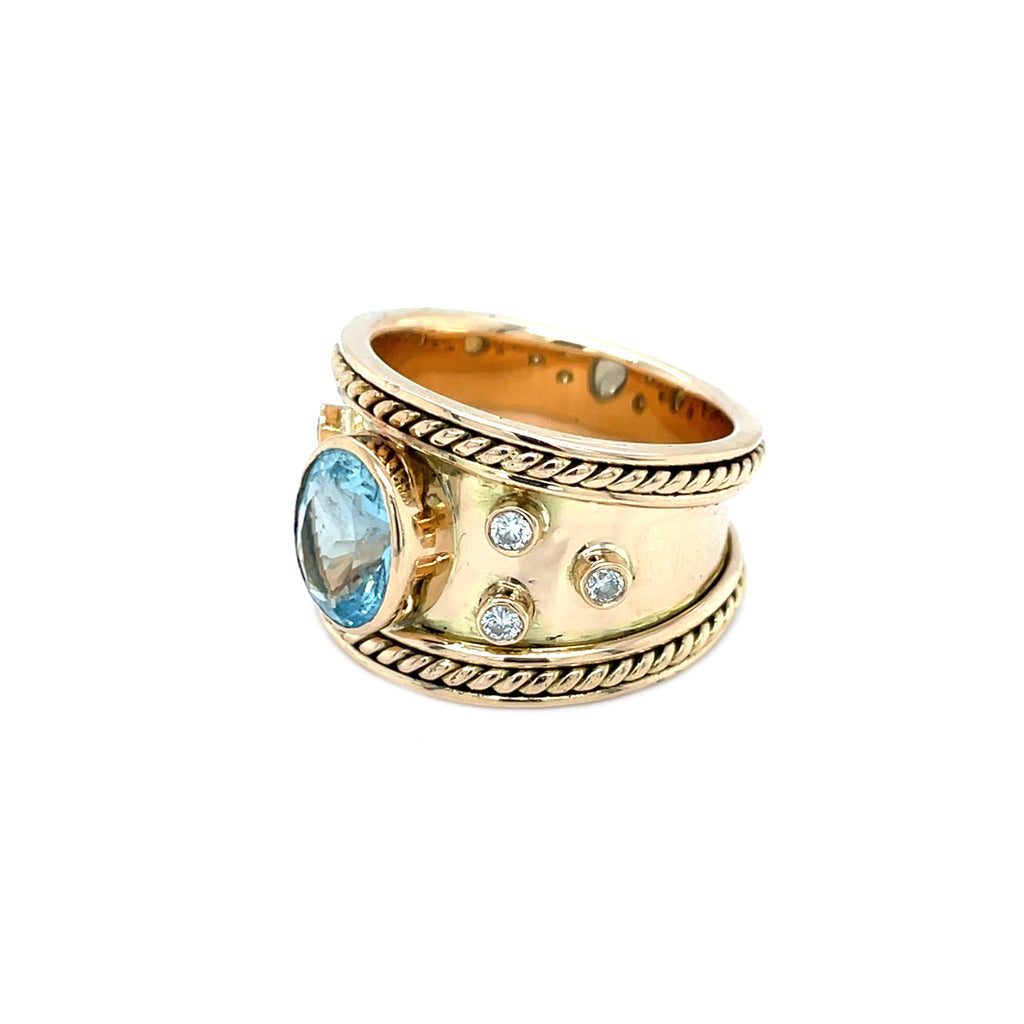 15ct Yellow Gold Aquamarine & Diamond Roman Style Ring (R)