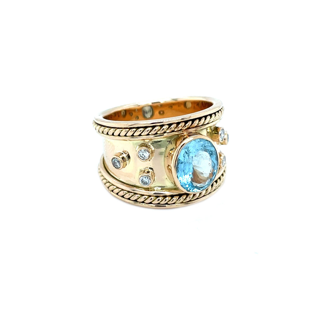 15ct Yellow Gold Aquamarine & Diamond Roman Style Ring (R)