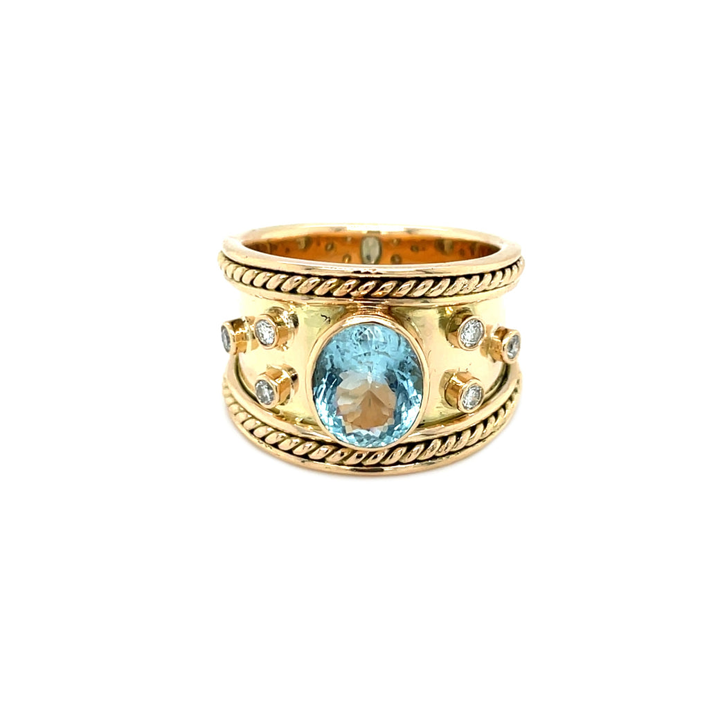 15ct Yellow Gold Aquamarine & Diamond Roman Style Ring (R)