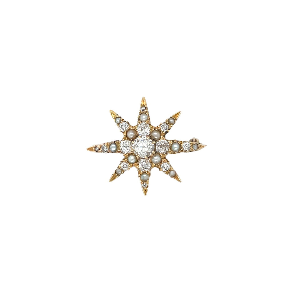 14ct Yellow Gold Diamond & Pearl Star Brooch