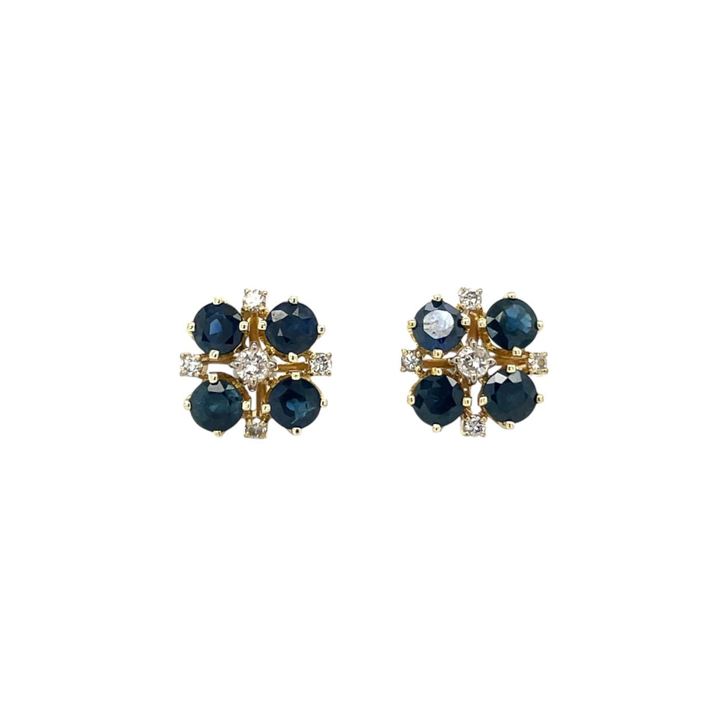 14ct Yellow Gold Blue Sapphire & Diamond Cluster Stud Earrings