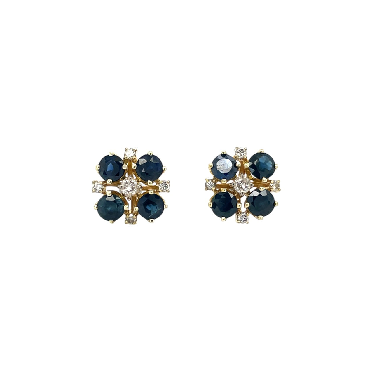 14ct Yellow Gold Blue Sapphire & Diamond Cluster Stud Earrings