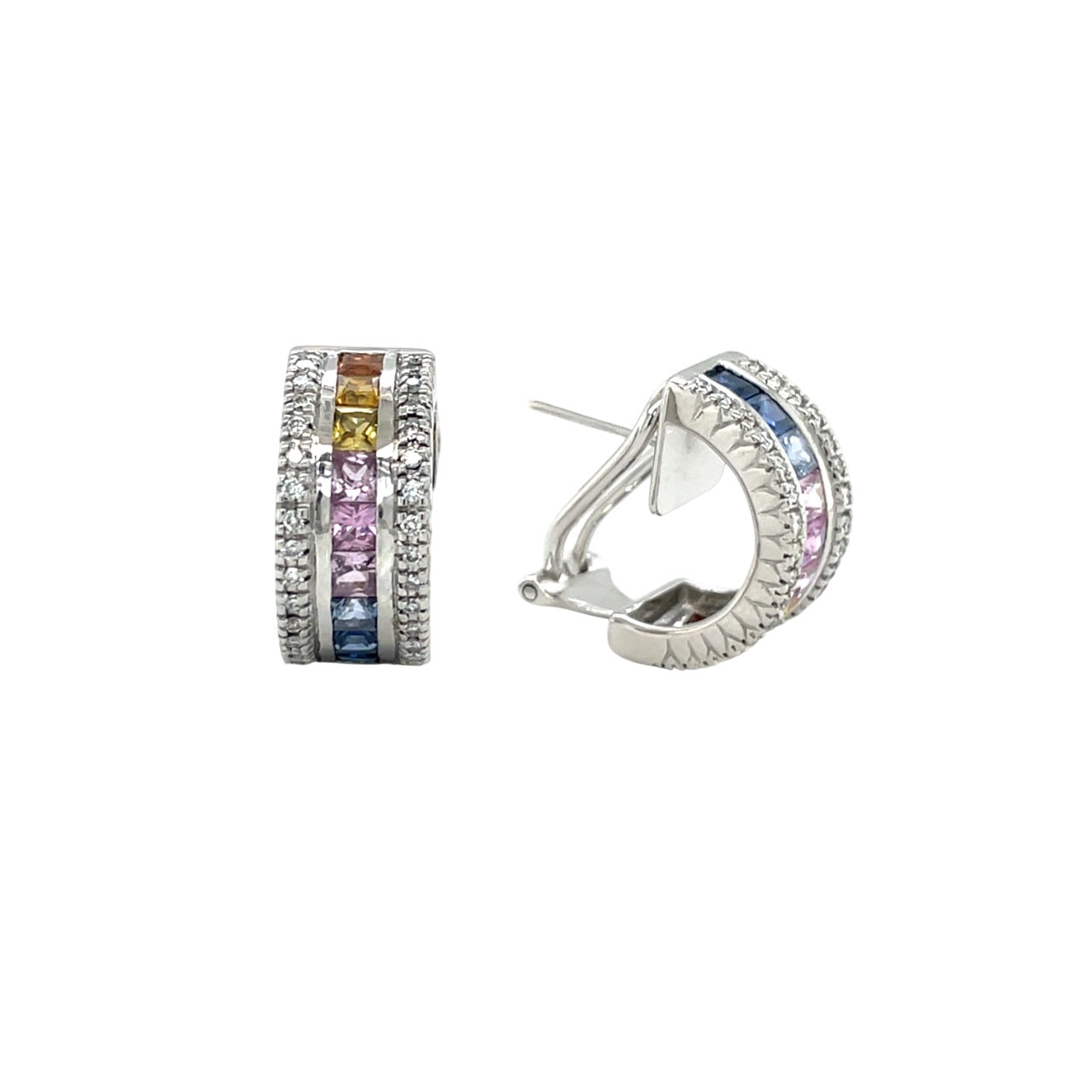 14ct White Gold Princess-Cut Rainbow Sapphires & Diamond Hoop Earrings