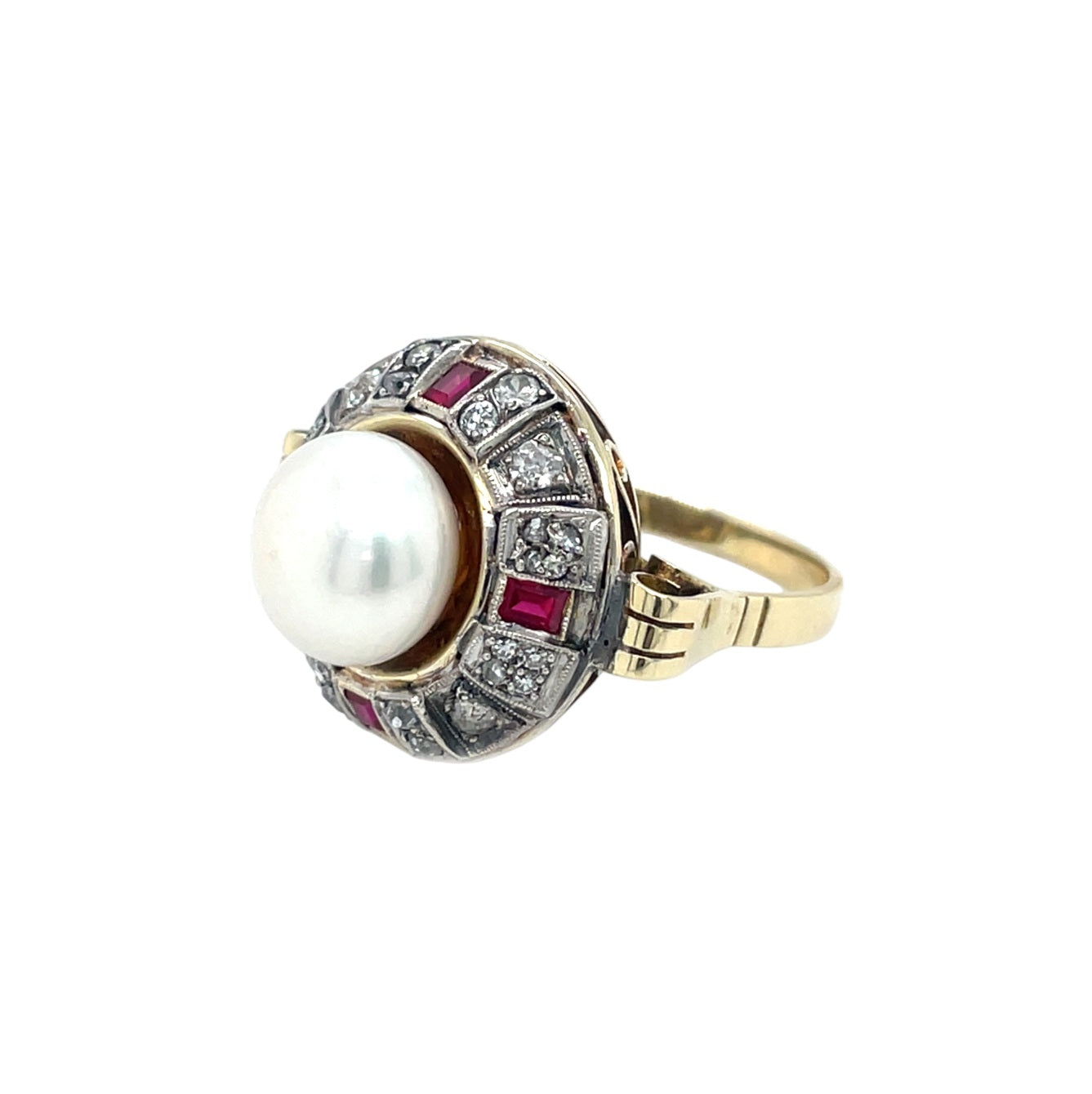 14ct Yellow Gold Pearl, Ruby & Diamond Cluster Ring (T)