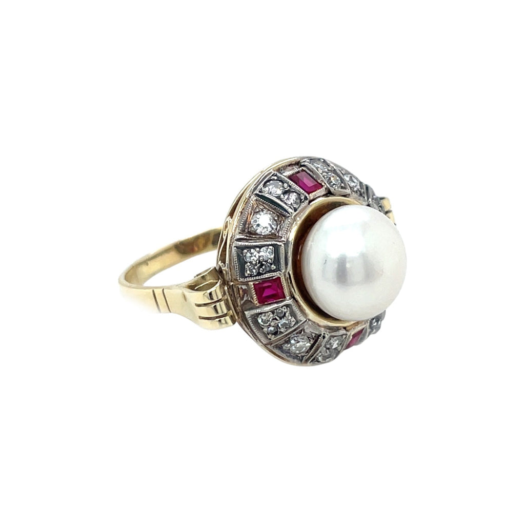 14ct Yellow Gold Pearl, Ruby & Diamond Cluster Ring (T)