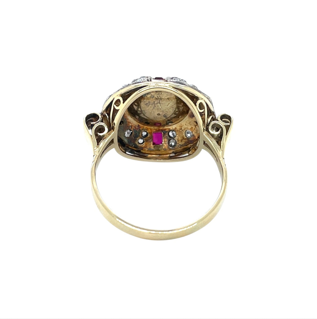 14ct Yellow Gold Pearl, Ruby & Diamond Cluster Ring (T)