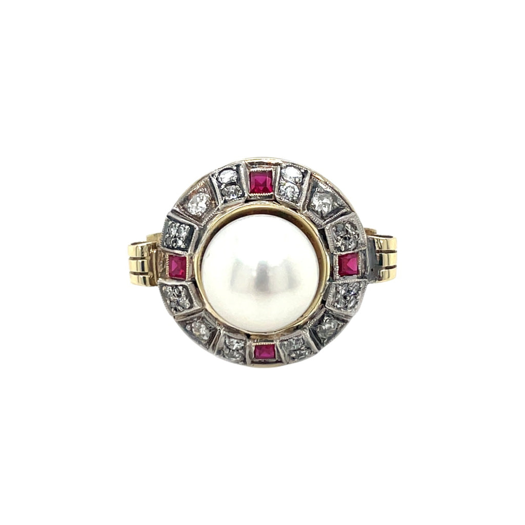 14ct Yellow Gold Pearl, Ruby & Diamond Cluster Ring (T)