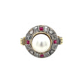 14ct Yellow Gold Pearl, Ruby & Diamond Cluster Ring (T)
