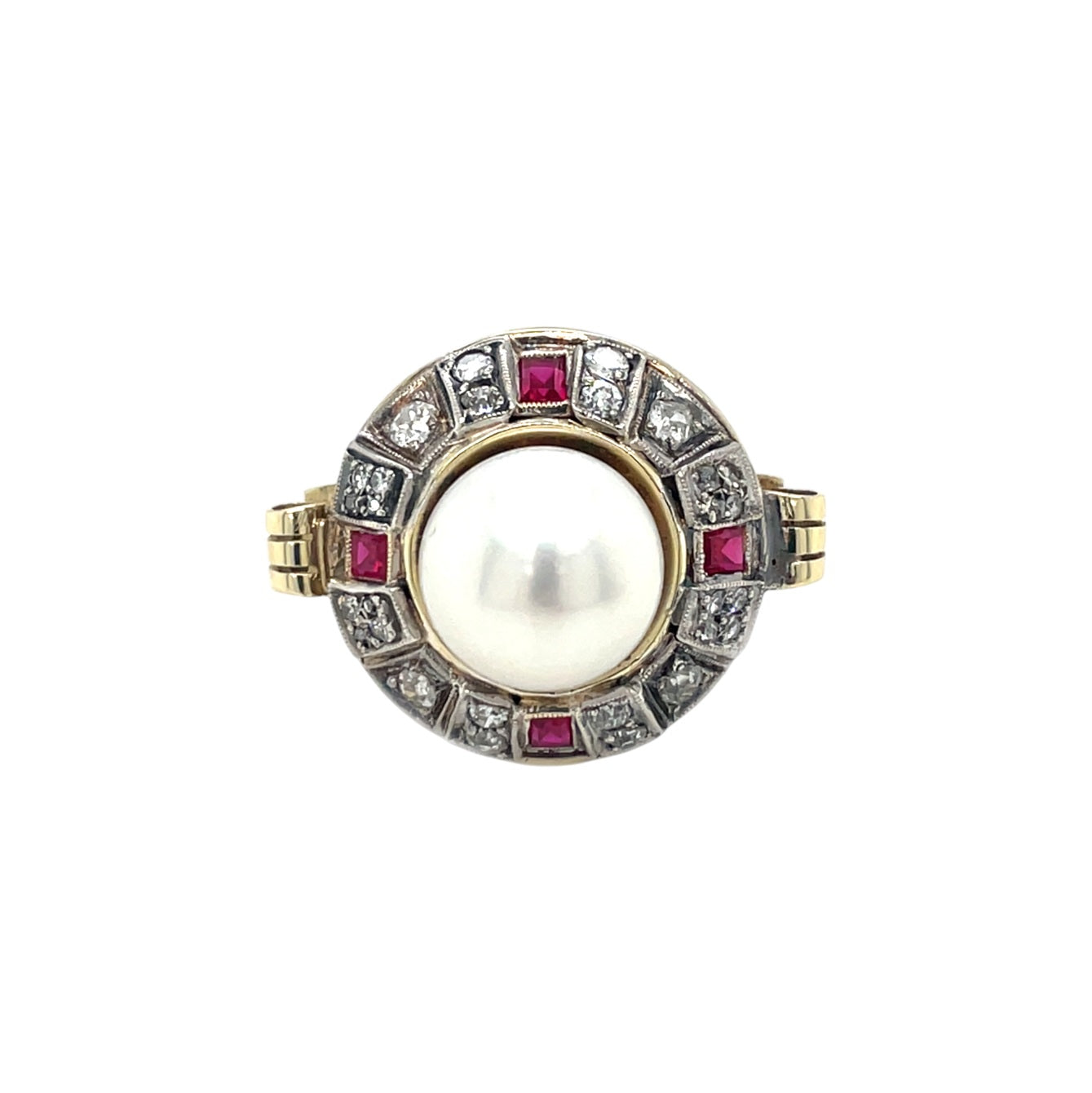 14ct Yellow Gold Pearl, Ruby & Diamond Cluster Ring (T)