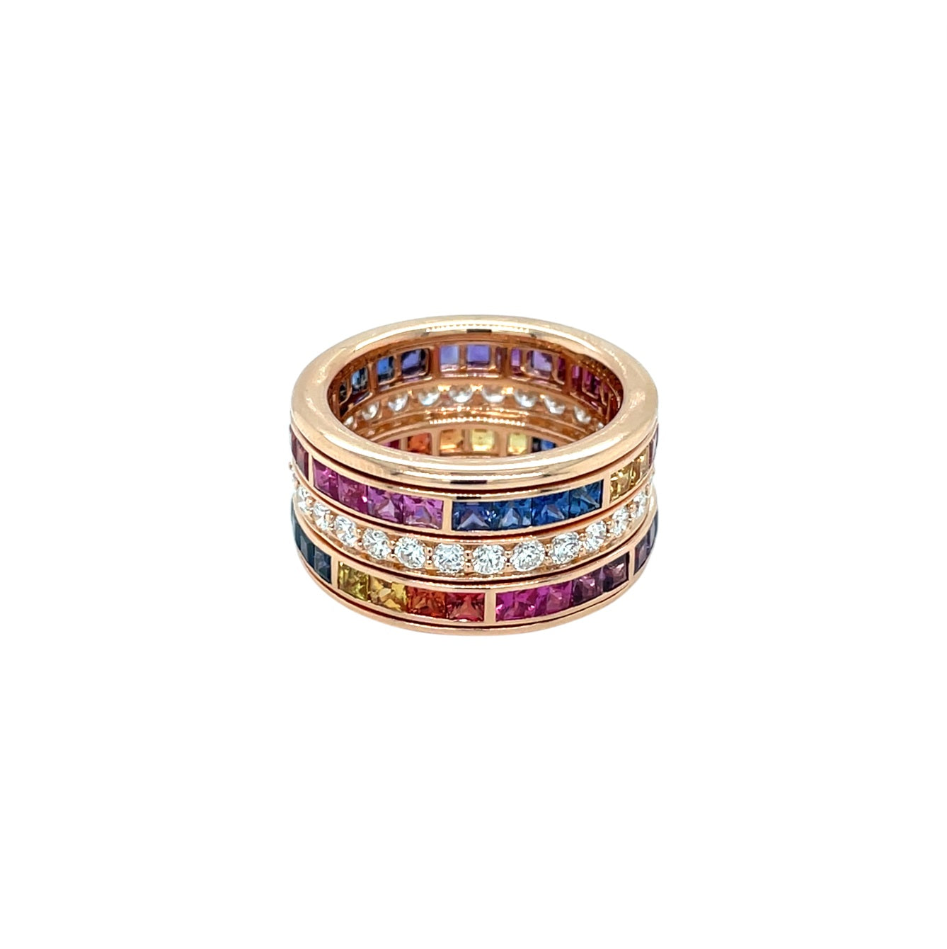 18ct Rose Gold Three Row Spinning Rainbow Sapphires & Diamonds Ring (N 1/2)