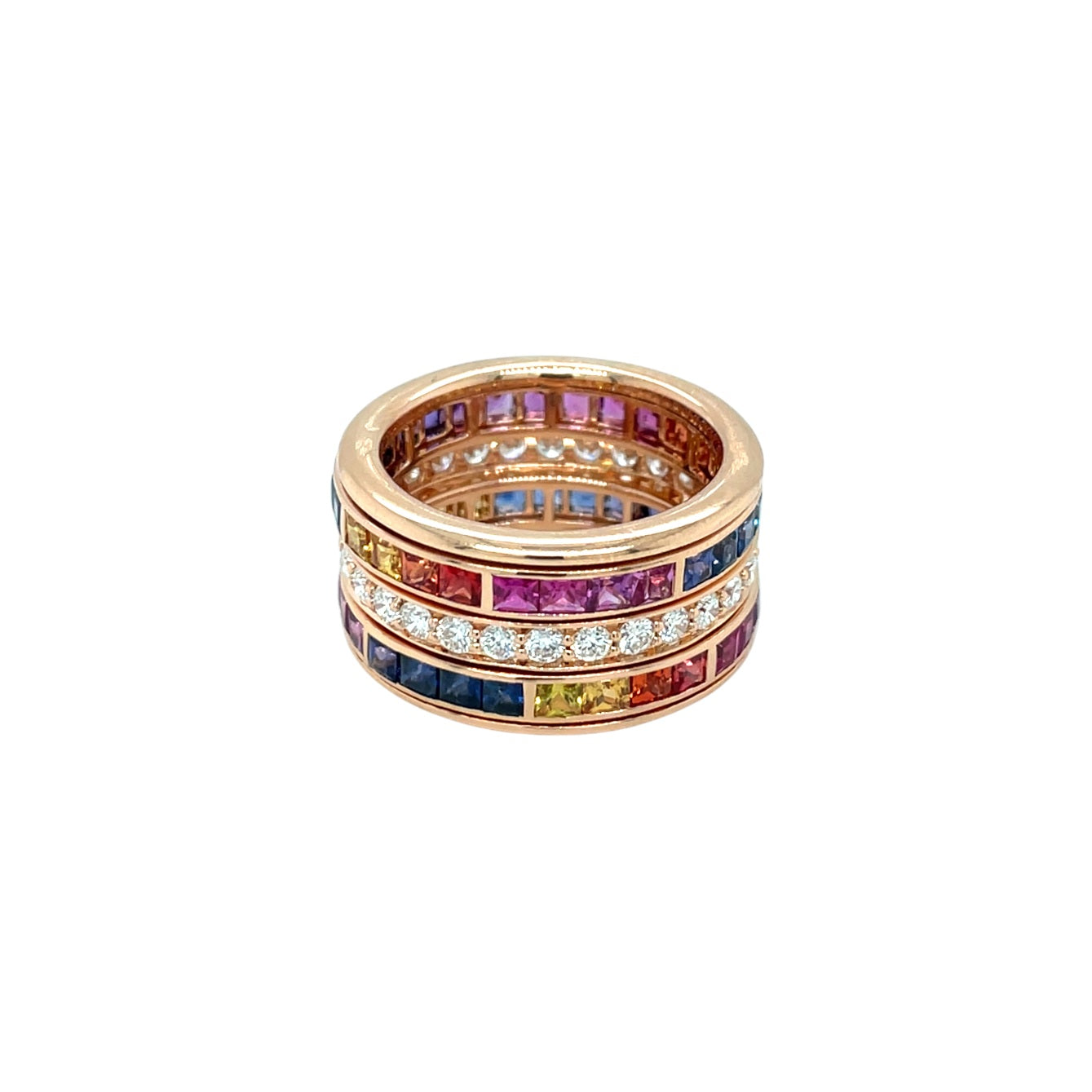 18ct Rose Gold Three Row Spinning Rainbow Sapphires & Diamonds Ring (N 1/2)