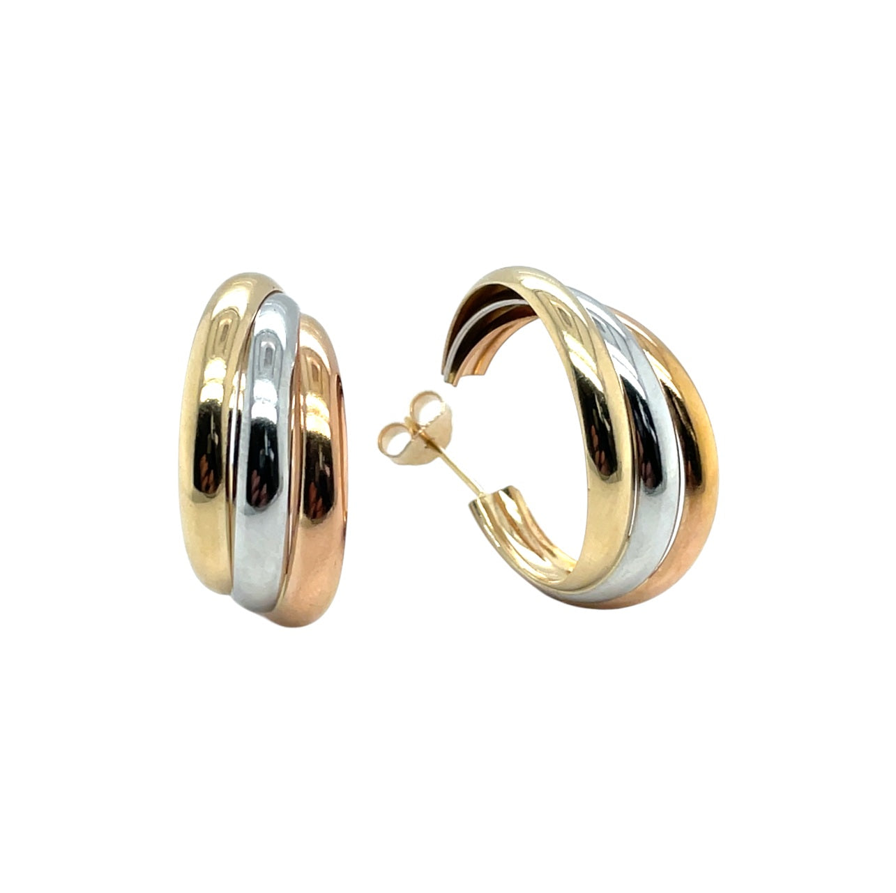 18ct Three Colour Gold Half Hoop Stud Earrings