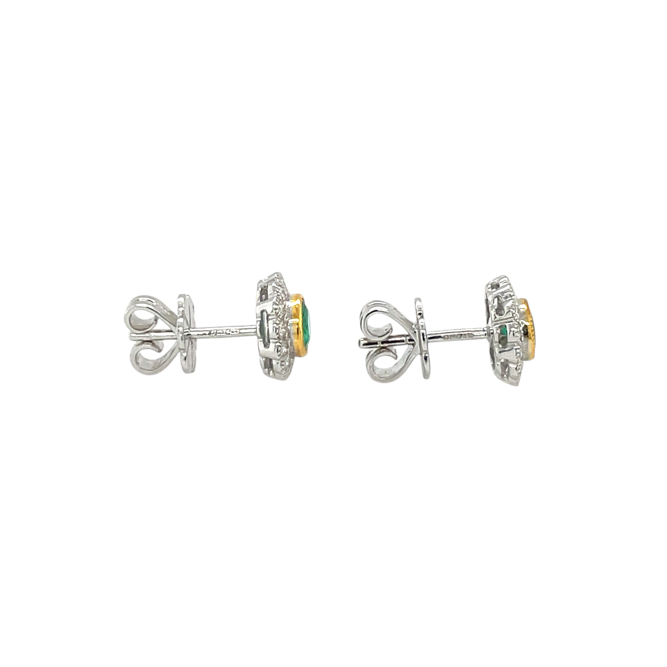 18ct White & Yellow Gold Emerald & Diamond Round Cluster Stud Earrings