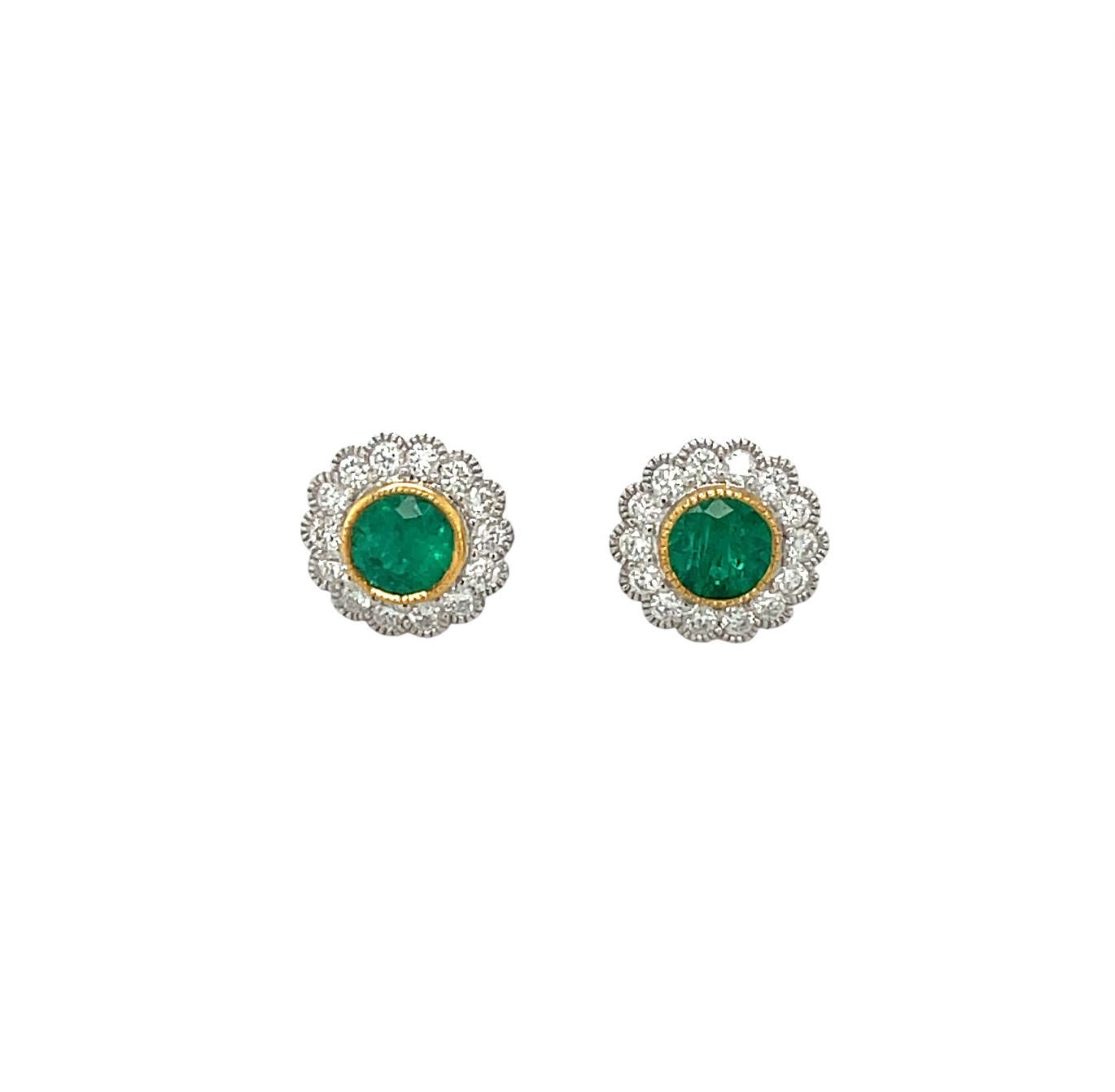 18ct White & Yellow Gold Emerald & Diamond Round Cluster Stud Earrings