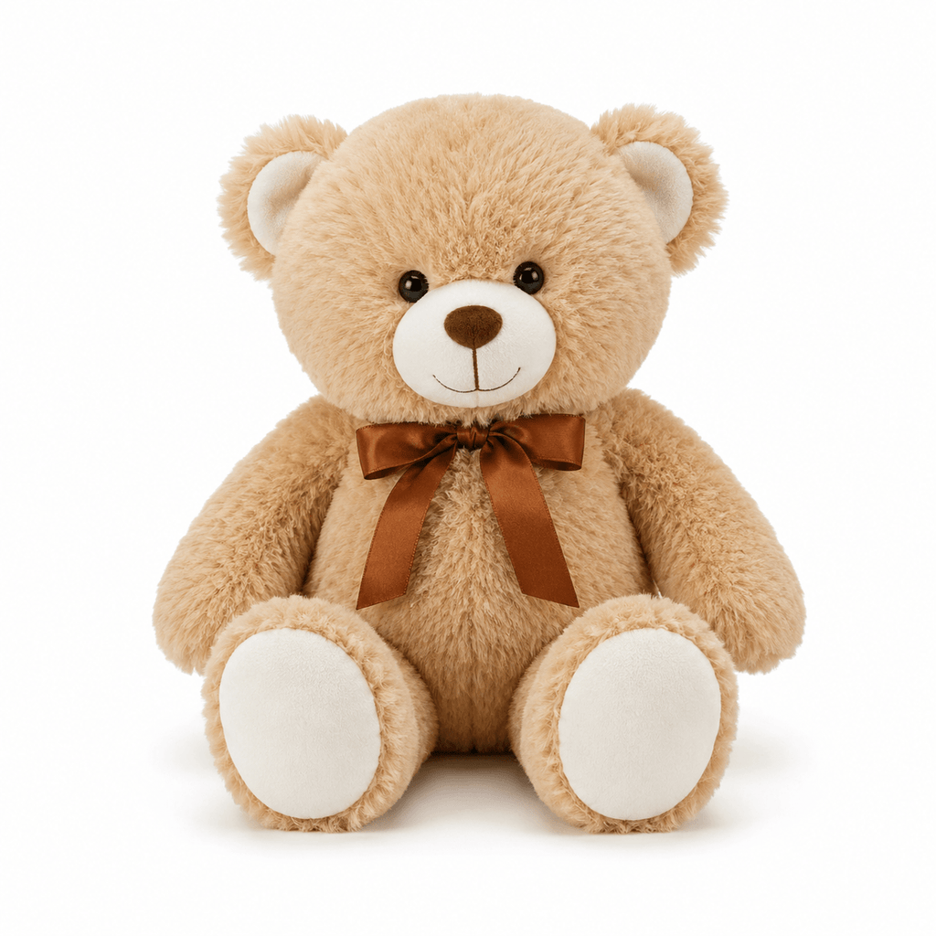 Brown teddy bear with a brown bow on a white background