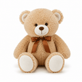 Brown teddy bear with a brown bow on a white background