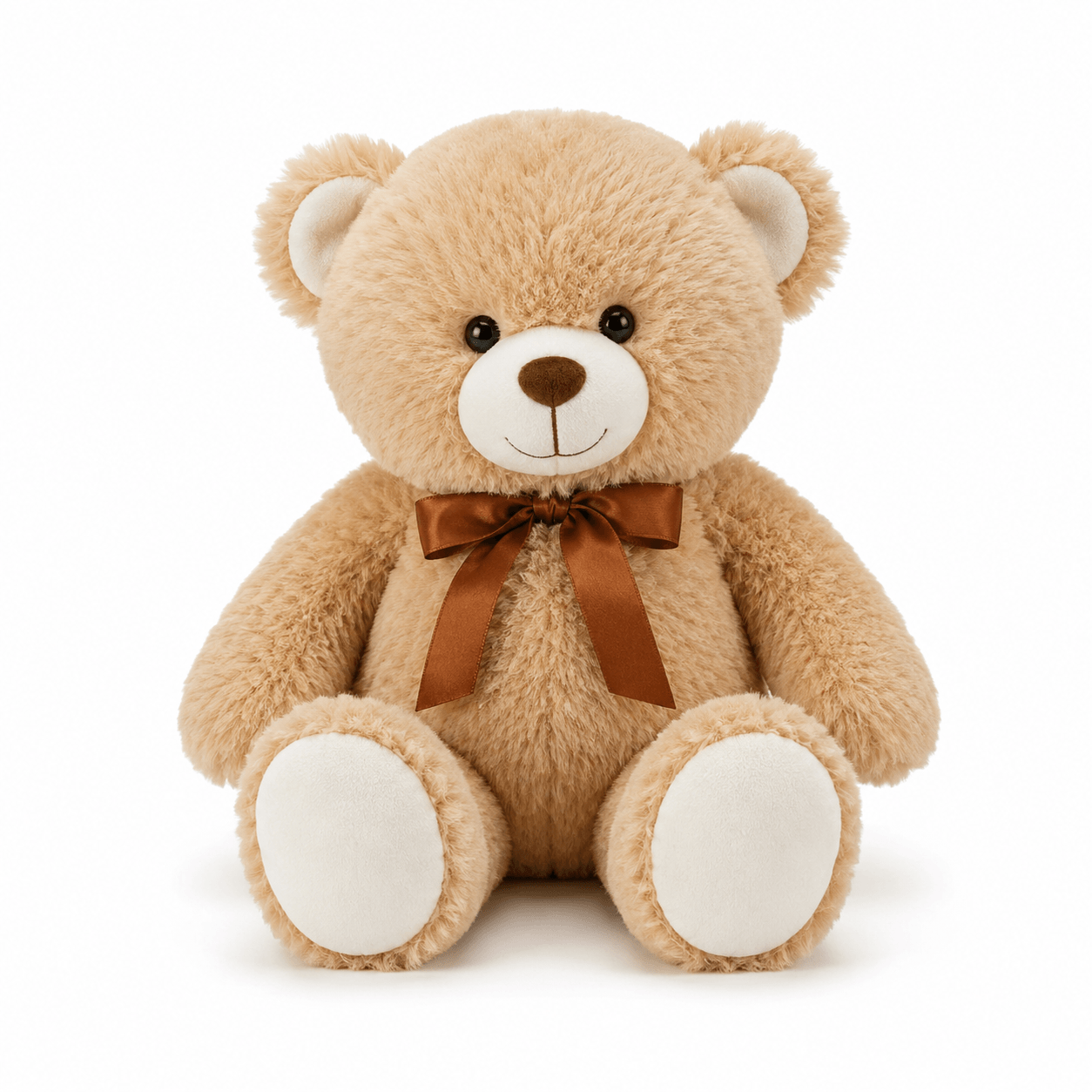 Brown teddy bear with a brown bow on a white background