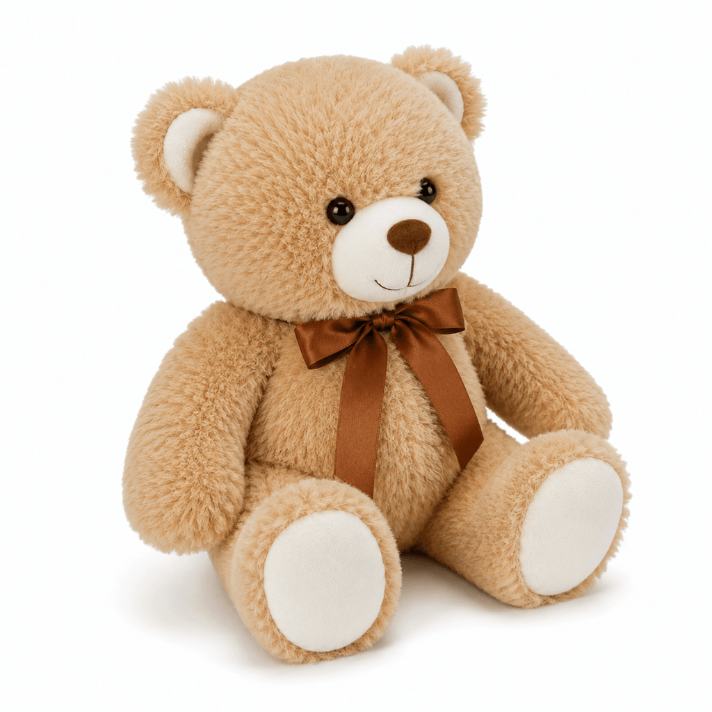 Brown teddy bear with a brown bow tie on a white background