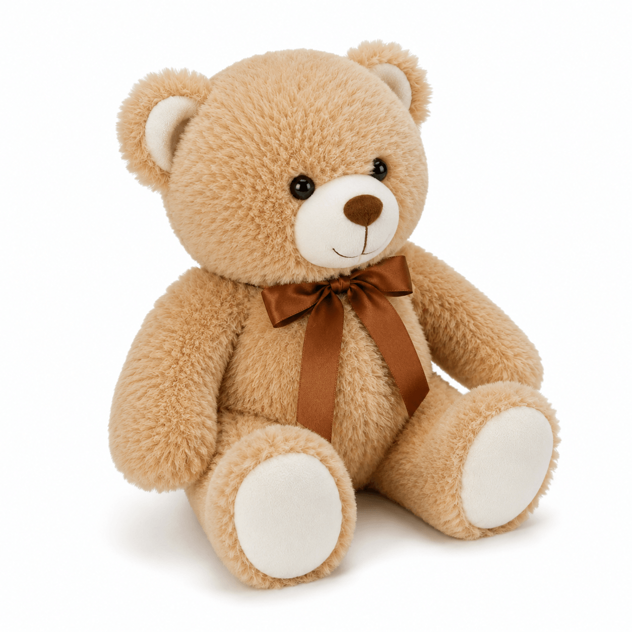 Brown teddy bear with a brown bow tie on a white background