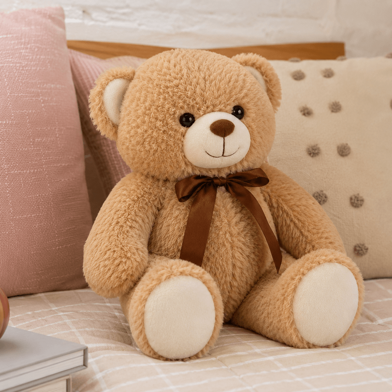 Brown teddy bear with a brown bow tie sitting on a bed.