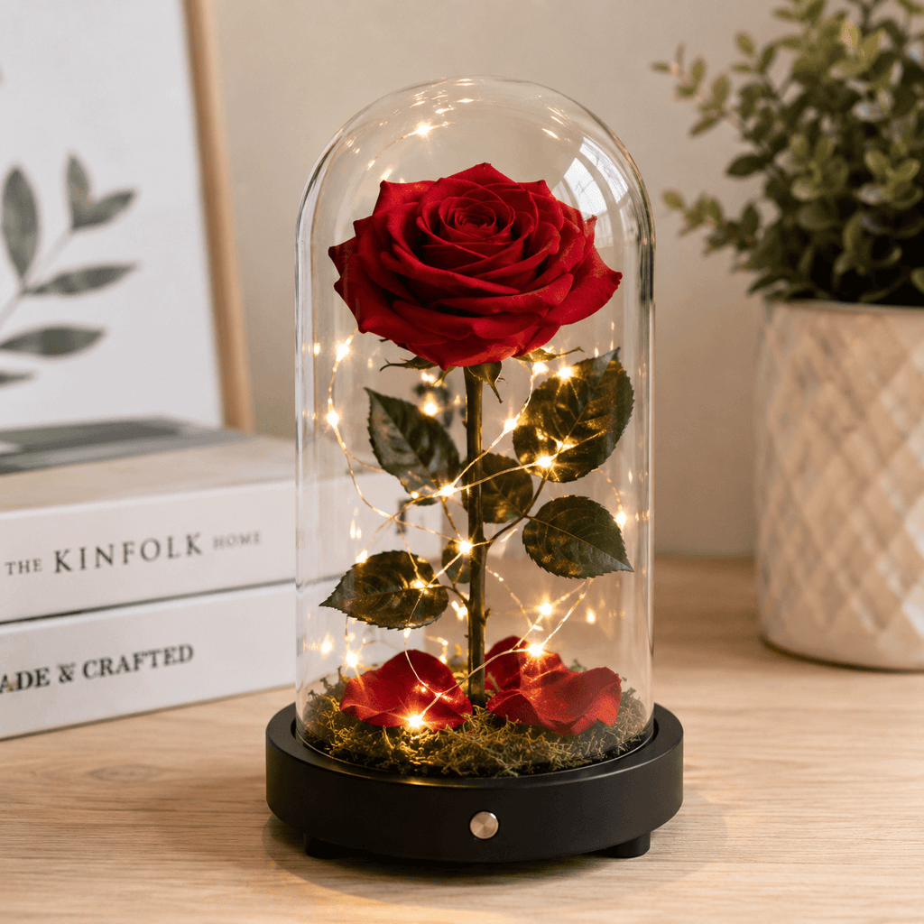 Red rose in a glass dome with LED lights on a wooden surface.