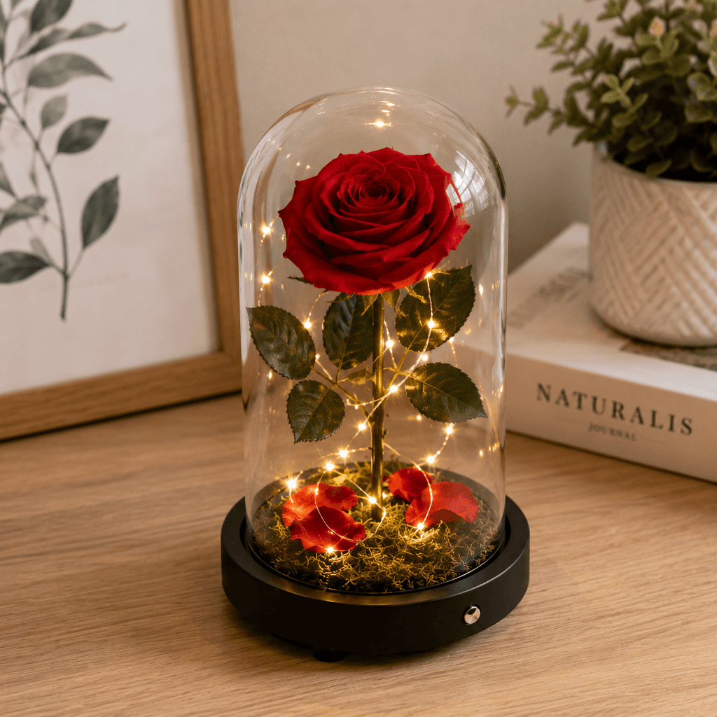 Red rose in a glass dome with LED lights on a wooden surface, surrounded by books and a plant.