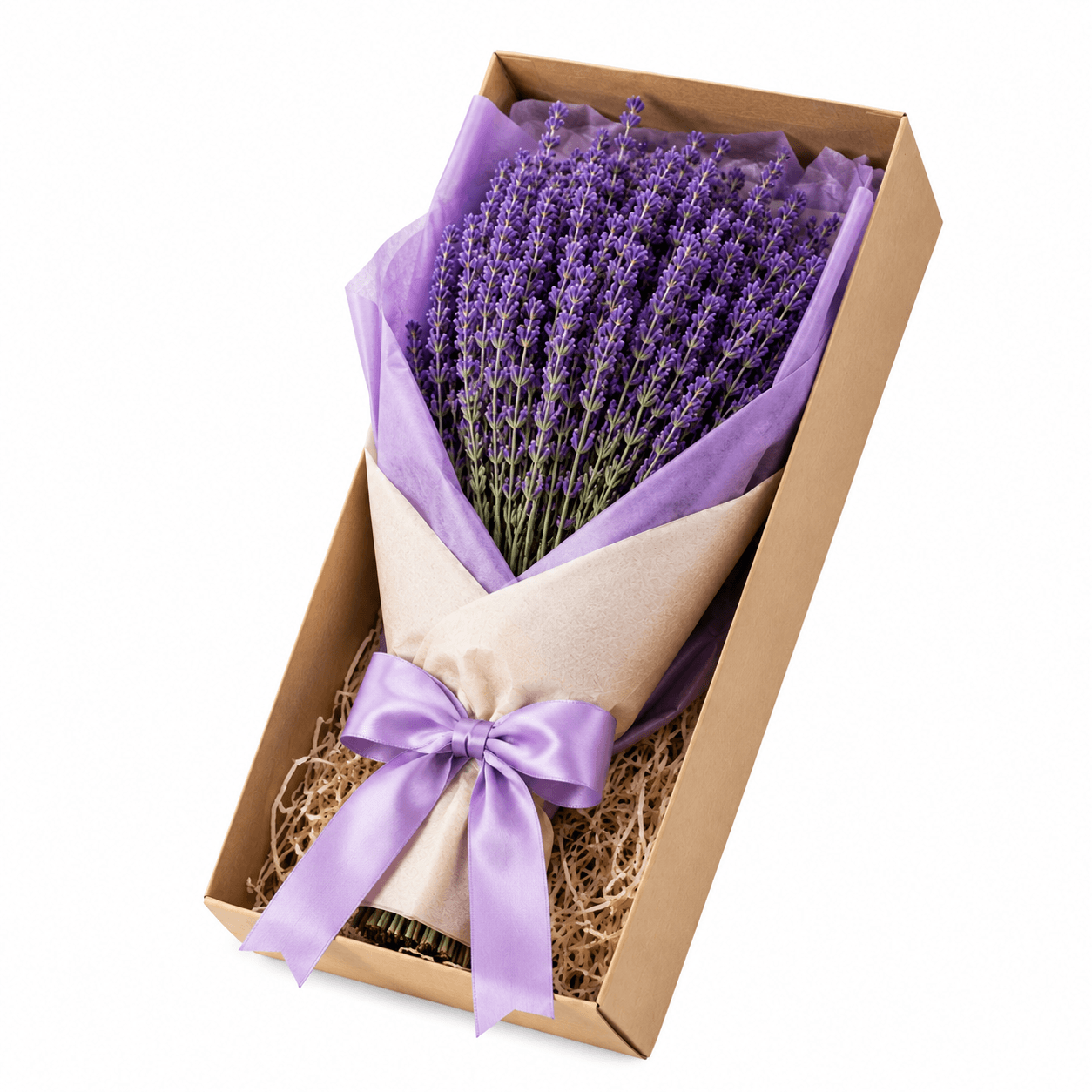 Bouquet of lavender wrapped in brown paper with a purple ribbon on a white background