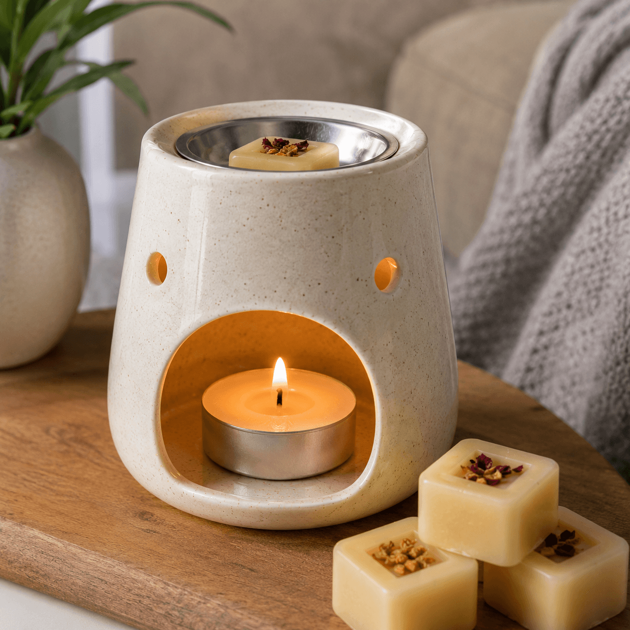 Ceramic wax warmer with a lit candle and wax melts on a wooden surface.