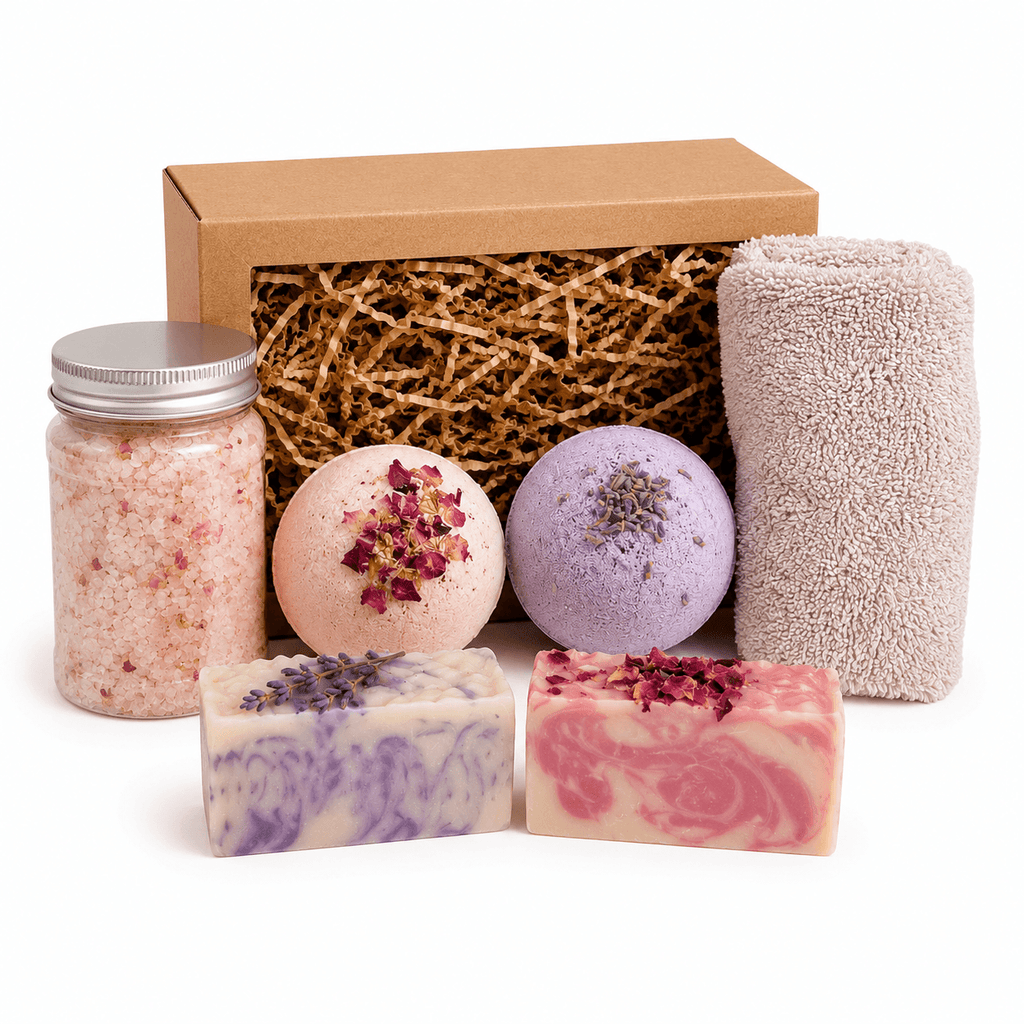 Bath product set with bath salts, bath bombs, and soap on a white background