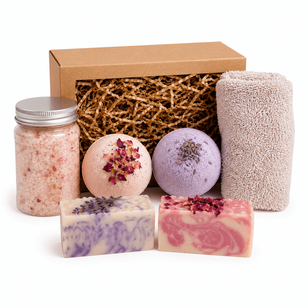 Bath product set with bath salts, bath bombs, and soap on a white background