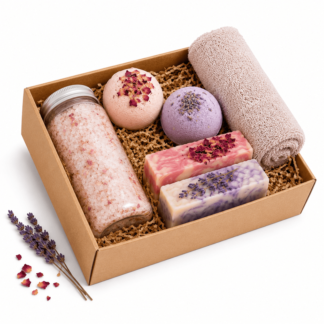 Bath product set with bath salts, bath bombs, and a towel in a cardboard box on a white background.