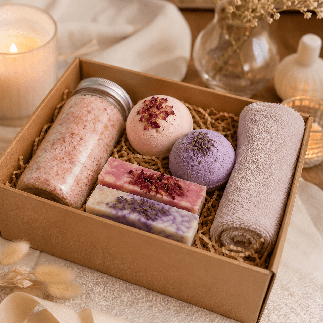 Bath product set including bath salts, bath bombs, and a towel in a cardboard box.