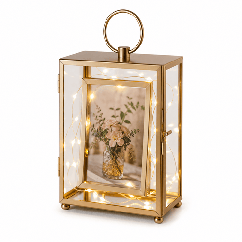 Gold lantern with glass front displaying a photo of flowers, on a white background