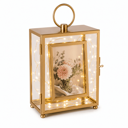 Gold lantern with fairy lights and a floral photo inside on a white background