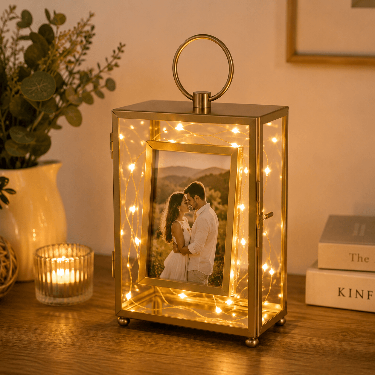 Decorative lantern with fairy lights displaying a couple photo, placed on a wooden surface.